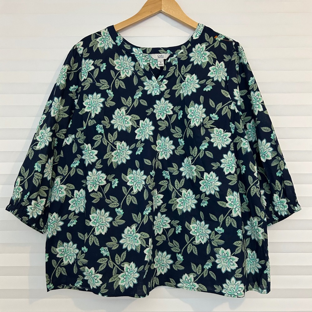 Craft & Barrow Navy Floral Split V-Neck 3/4 Sleeve Cotton Blouse 1X Pullover